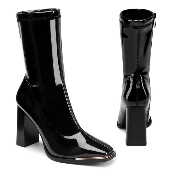 Chunky Square Toe Mid Calf Boots - BLACK PU - 3